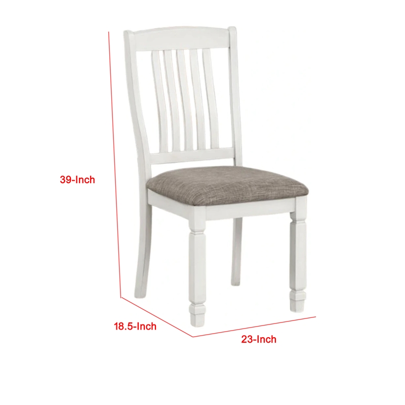 Dola Side Dining Chair Set of 2-Rustic White Wood-Gray Fabric-Slat Back