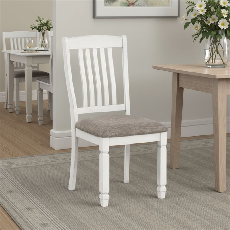 Dola Side Dining Chair Set of 2-Rustic White Wood-Gray Fabric-Slat Back