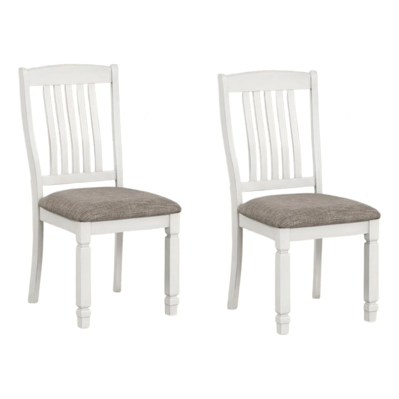 Dola Side Dining Chair Set of 2-Rustic White Wood-Gray Fabric-Slat Back