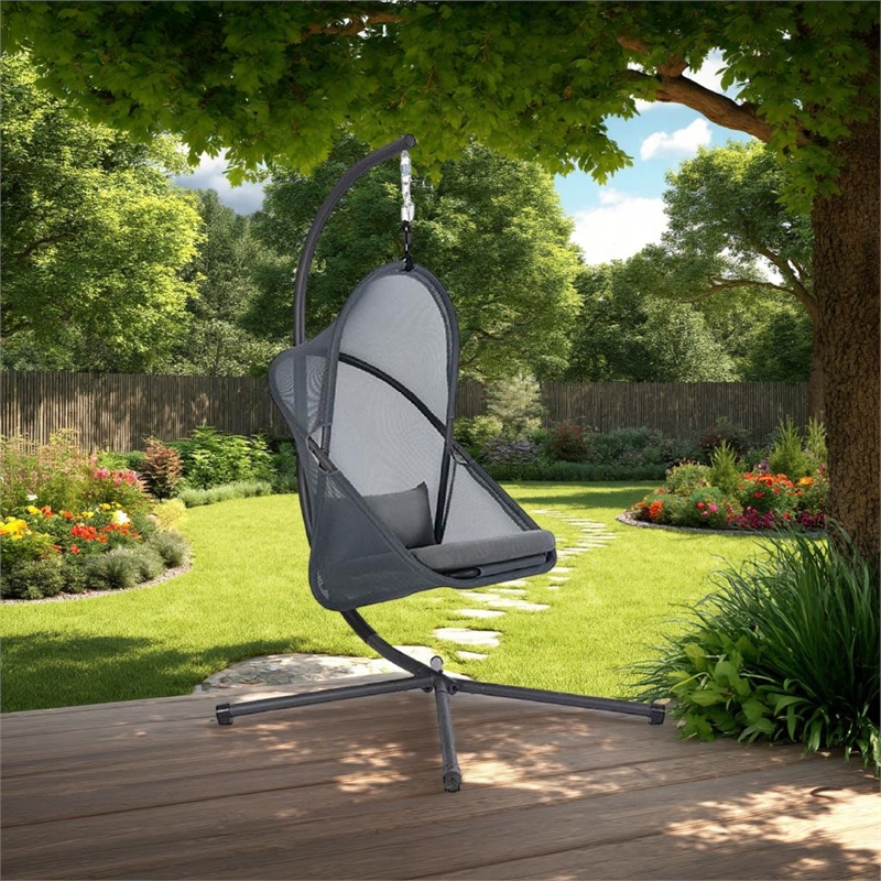 Cery Outdoor Hanging Swing Chair-Cushioned Dark Gray Mesh