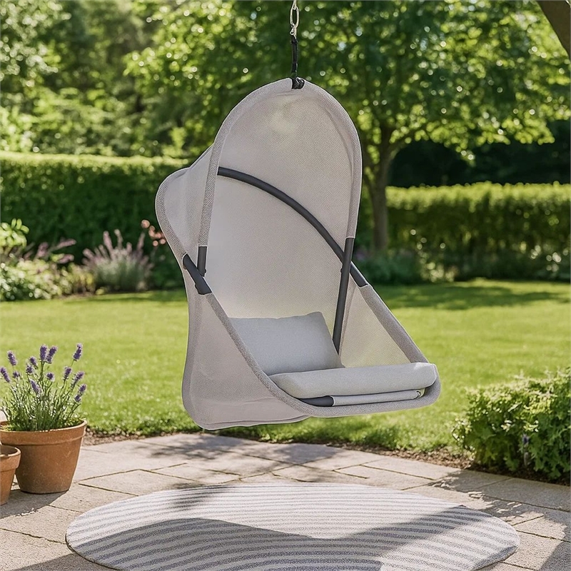 Cery Outdoor Hanging Swing Chair-Cushioned Light Gray Mesh