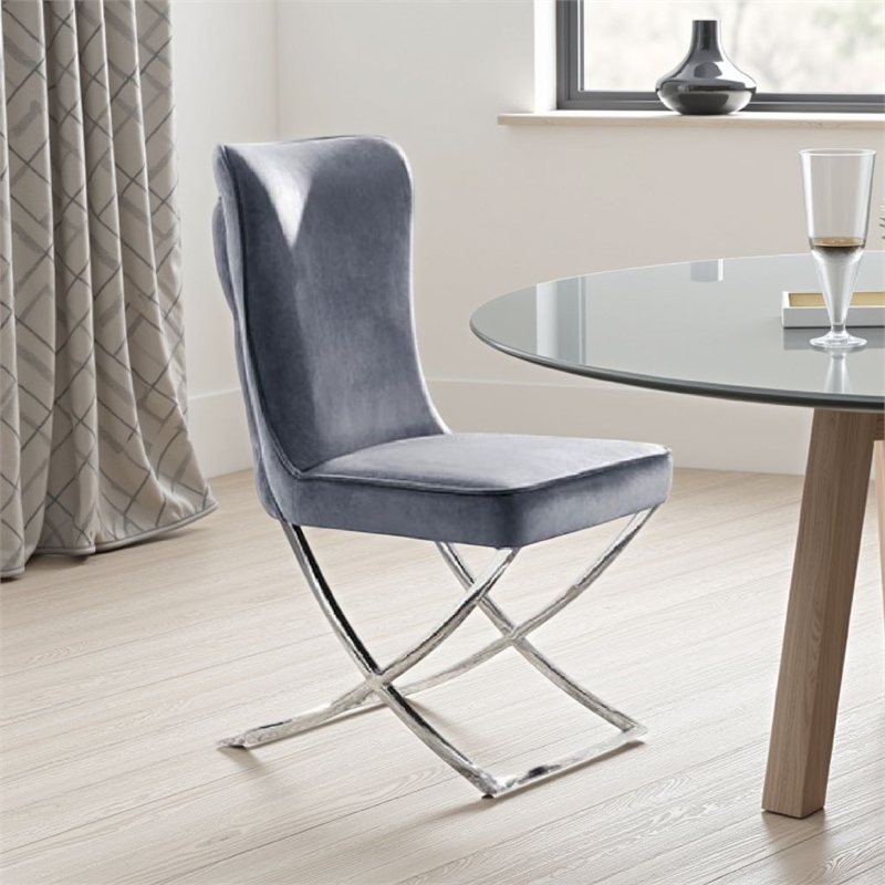 Waden Side Dining Chair Set of 2-Chrome Metal-Gray Button Tufted Velvet