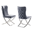 Waden Side Dining Chair Set of 2-Chrome Metal-Gray Button Tufted Velvet