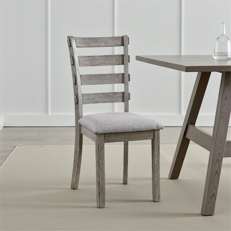 Lais Side Dining Chair Set of 2-Ladder Backrest-Solid Wood-Gray Fabric