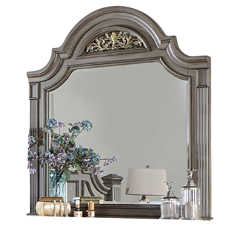 Recus Dresser Mirror-49 Inch Floral Arched Shape-Gray Solid Wood