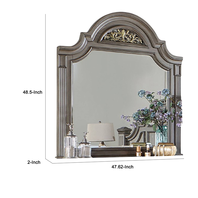 Recus Dresser Mirror-49 Inch Floral Arched Shape-Gray Solid Wood
