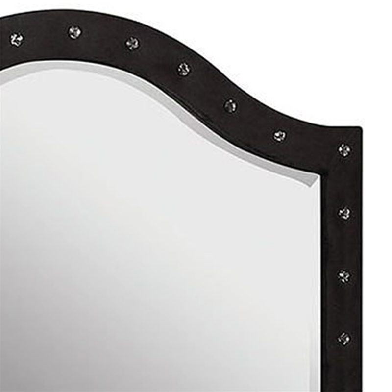 Rea Dresser Vanity Mirror-Crystal Tufted Black Velvet Upholstered Arched Frame