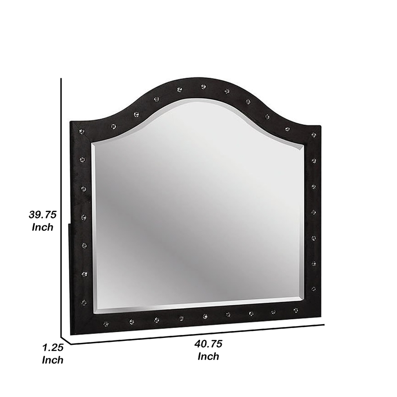 Rea Dresser Vanity Mirror-Crystal Tufted Black Velvet Upholstered Arched Frame