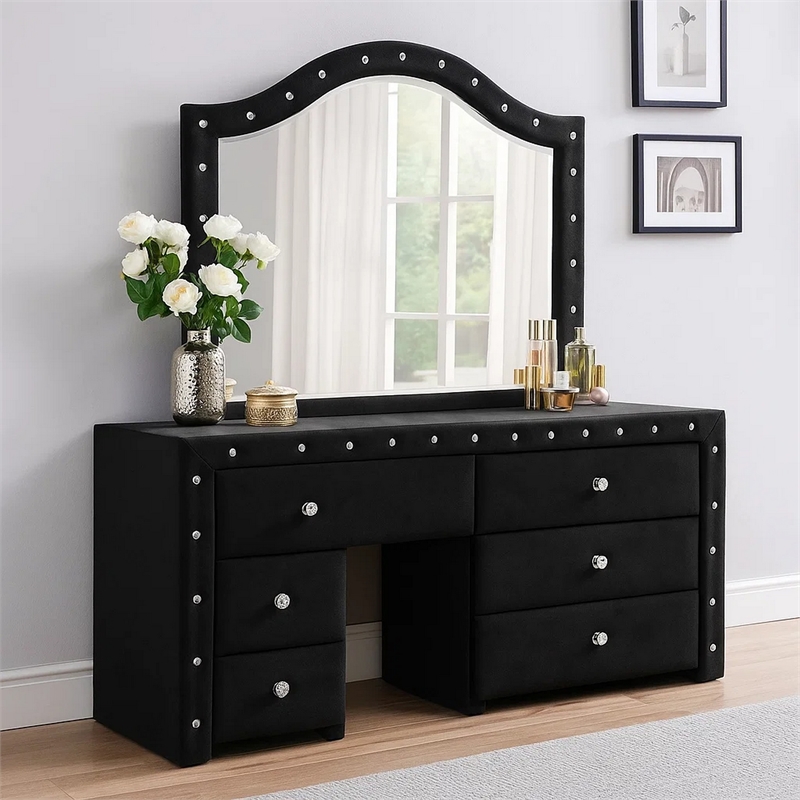 Rea Dresser Vanity Mirror-Crystal Tufted Black Velvet Upholstered Arched Frame