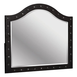 Rea Dresser Vanity Mirror-Crystal Tufted Black Velvet Upholstered Arched Frame