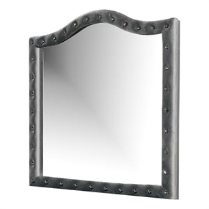 Rea Dresser Vanity Mirror-Crystal Tufted Gray Velvet Upholstery Arched Frame