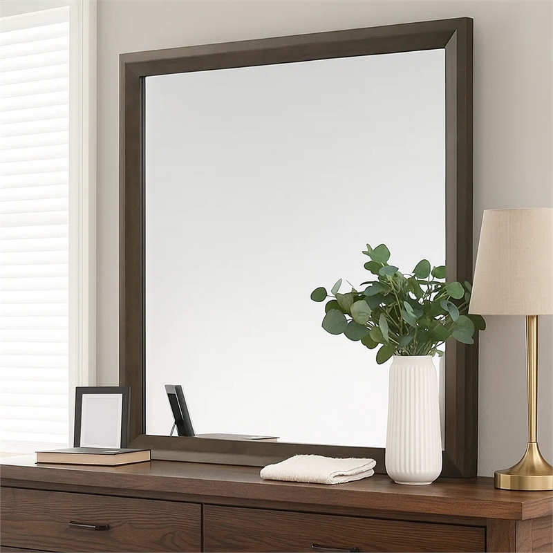 Fel Dresser Mirror-Beveled Glass-Dark Brown Wood Frame-44x45