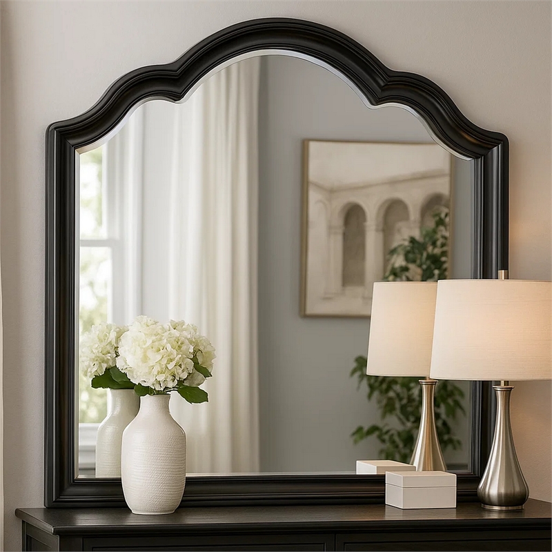 Eleena Dresser Mirror-Beveled Glass-Black Solid Wood Frame-41x42