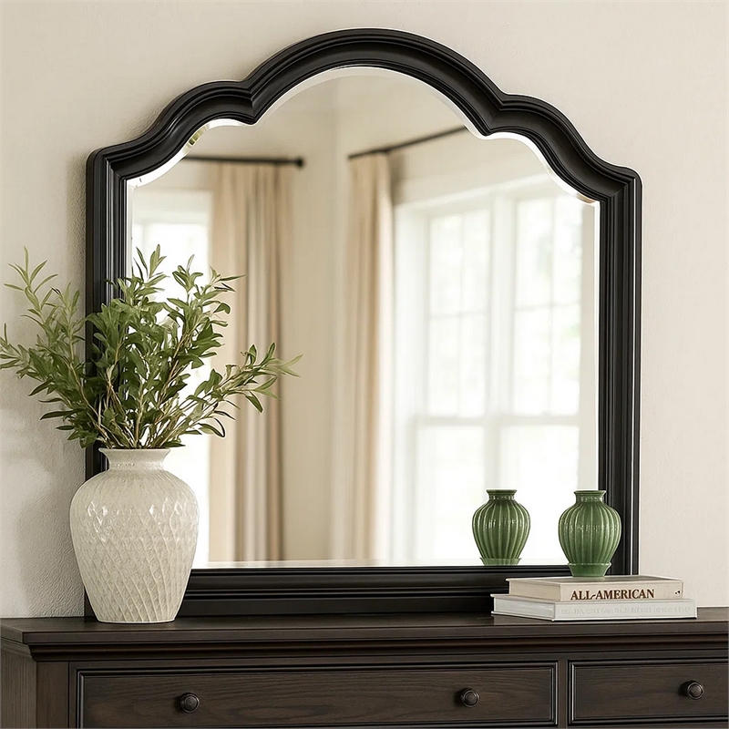 Eleena Dresser Mirror-Beveled Glass-Black Solid Wood Frame-41x42