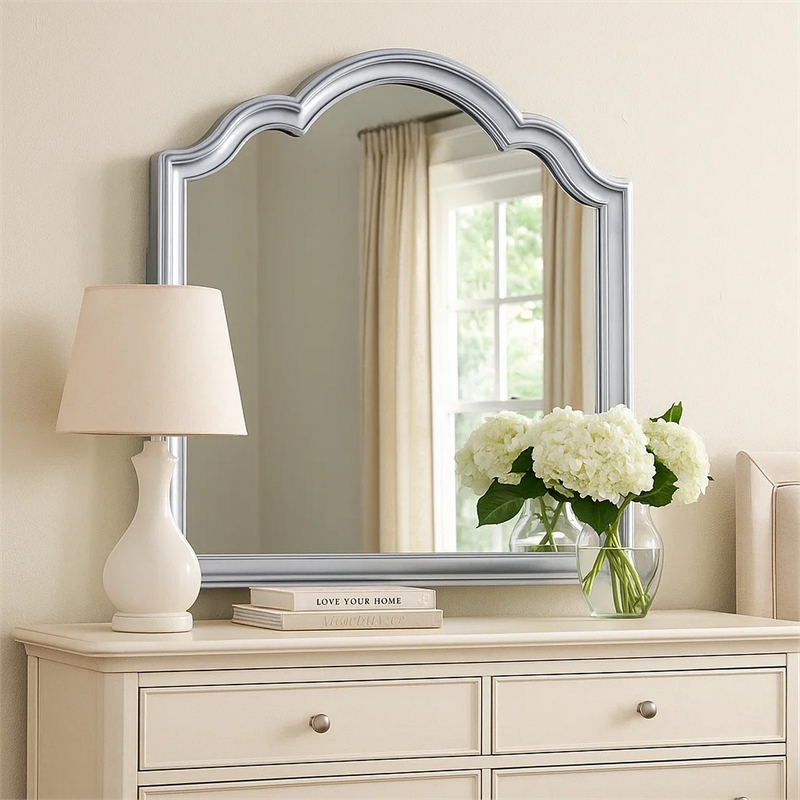 Eleena Dresser Mirror-Beveled Glass-Silver Solid Wood Frame-41x42
