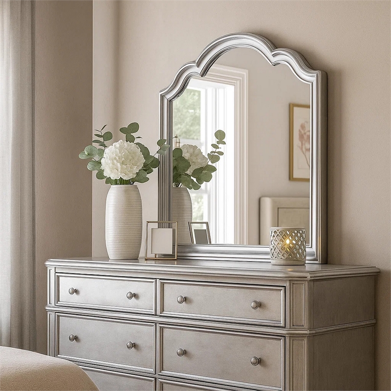 Eleena Dresser Mirror-Beveled Glass-Silver Solid Wood Frame-41x42