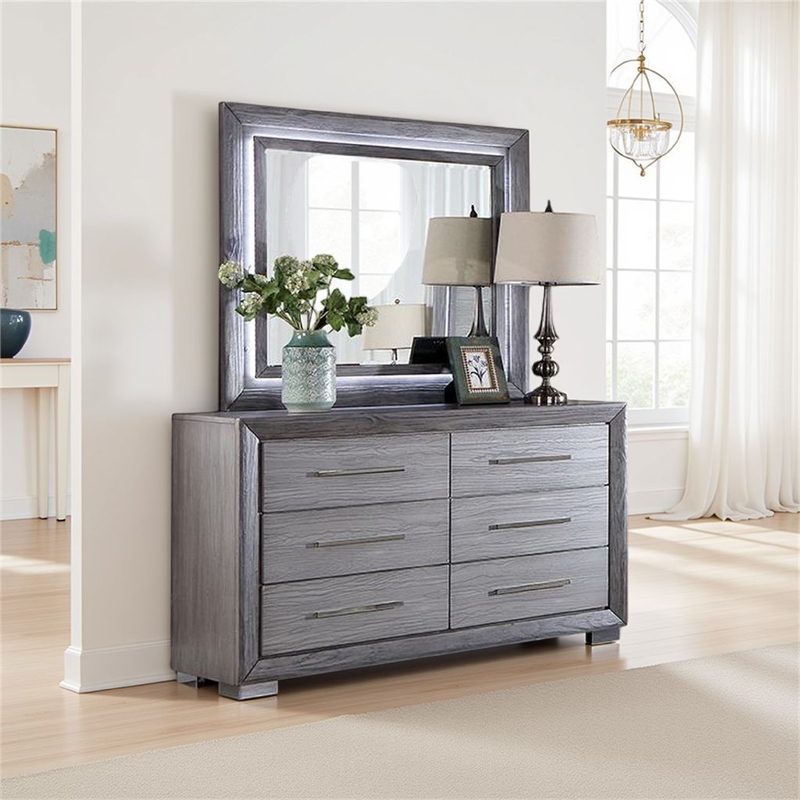 Reno Dresser Mirror-White LED Lights-46 Inch Gray Solid Wood Frame