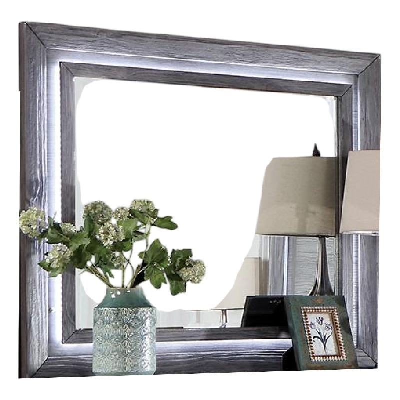 Reno Dresser Mirror-White LED Lights-46 Inch Gray Solid Wood Frame