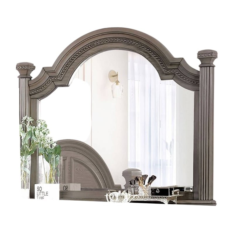 Akia Dresser Vanity Mirror-Reeded Posts-49 Inch Gray Bell Top Frame