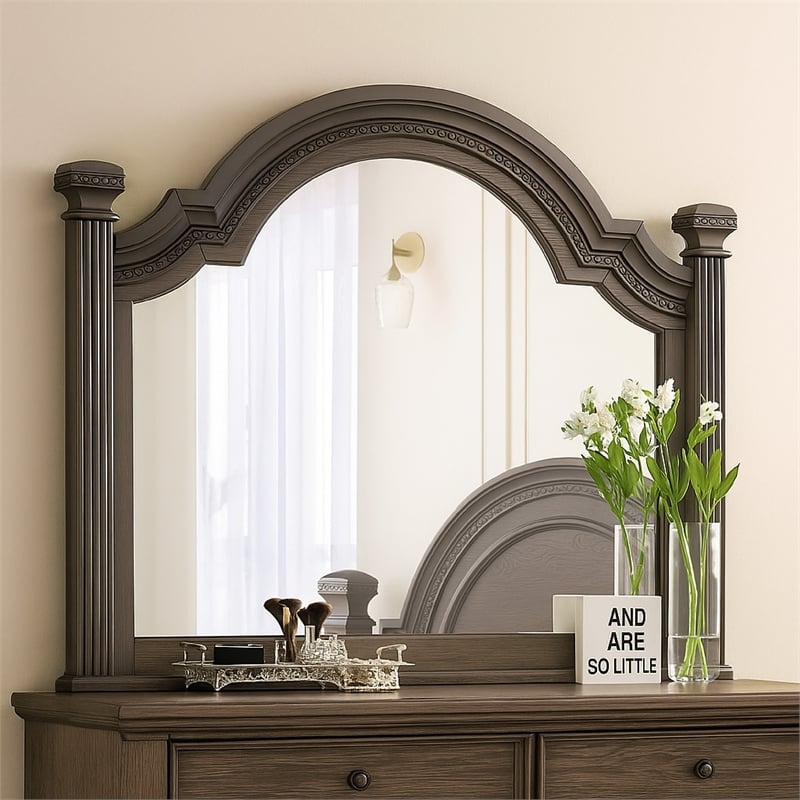 Akia Dresser Vanity Mirror-Reeded Posts-49 Inch Gray Bell Top Frame
