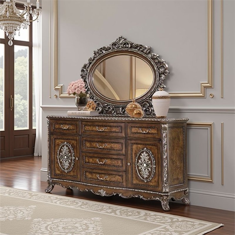 Vany Dresser Mirror-Intricate Brushed Champagne and Cherry Wood 43x53
