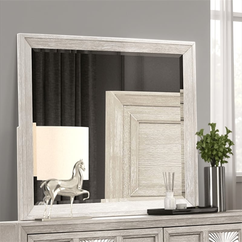 Diaz Dresser Mirror with Beveled Design-Light Gray Wood Frame 38x44