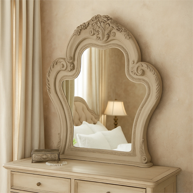 Ally Vanity Mirror-46x46-Scrolled Carved Classic Details-White Wood