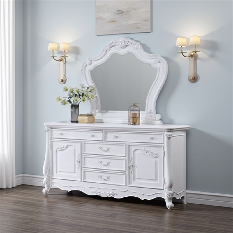 Maver Dresser Mirror-46x48-Beveled Edges-White Ornate Carved Wood