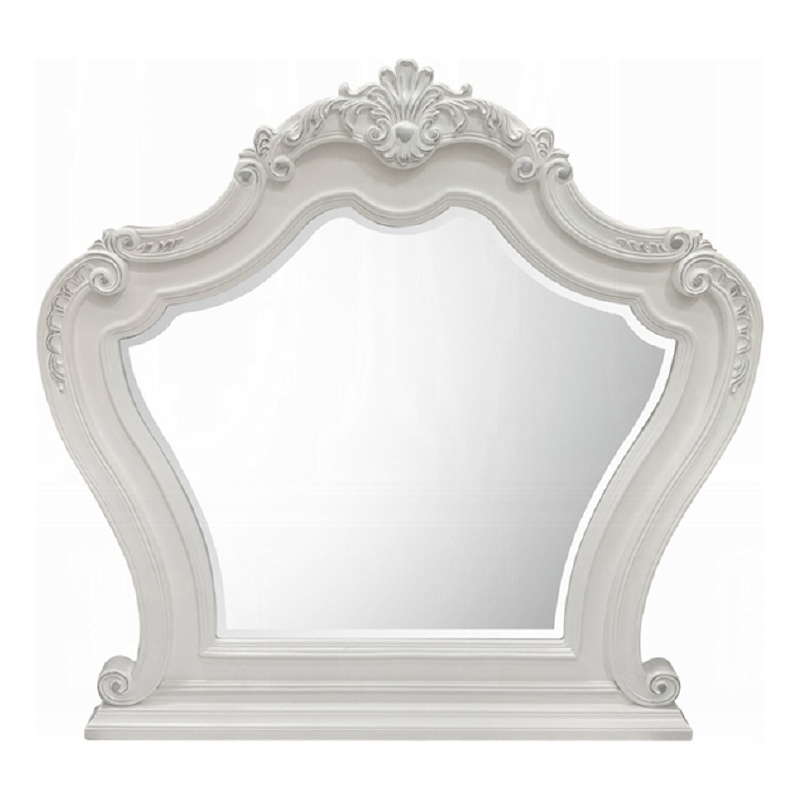 Maver Dresser Mirror-46x48-Beveled Edges-White Ornate Carved Wood