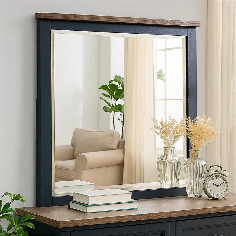 Tela 36 Inch Dresser Mirror-Blue Pinewood Frame-Dark Brown Top
