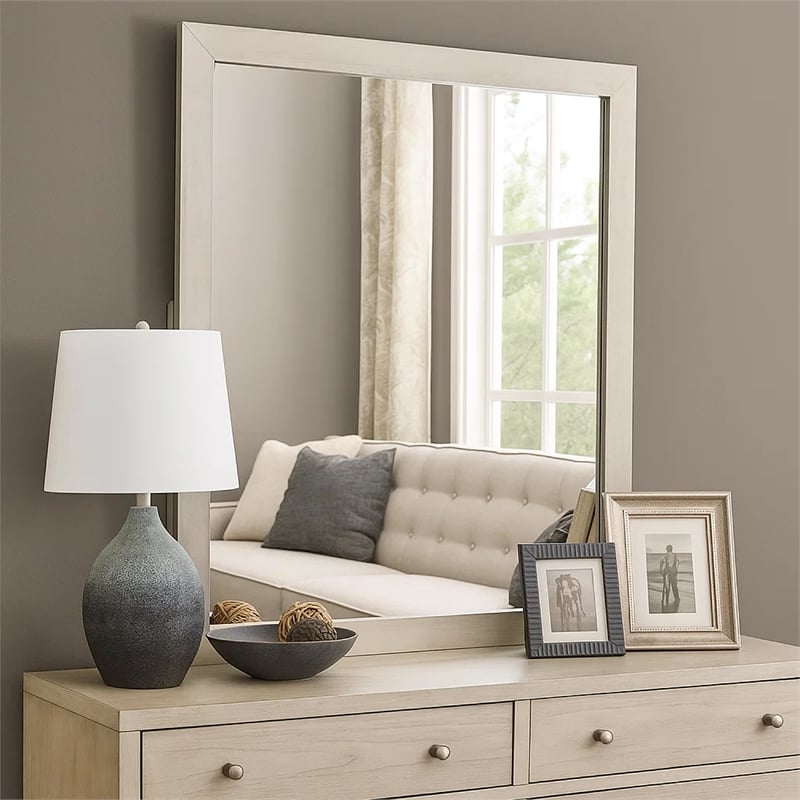 Hyao Dresser Mirror-White Wash Veneer-38 Inch Square Frame