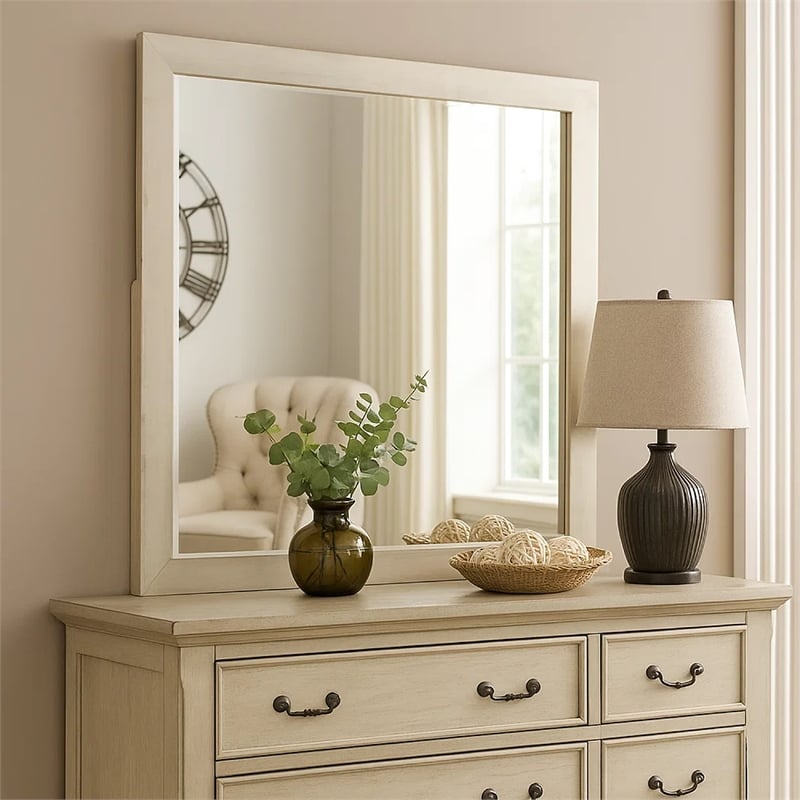Hyao Dresser Mirror-White Wash Veneer-38 Inch Square Frame