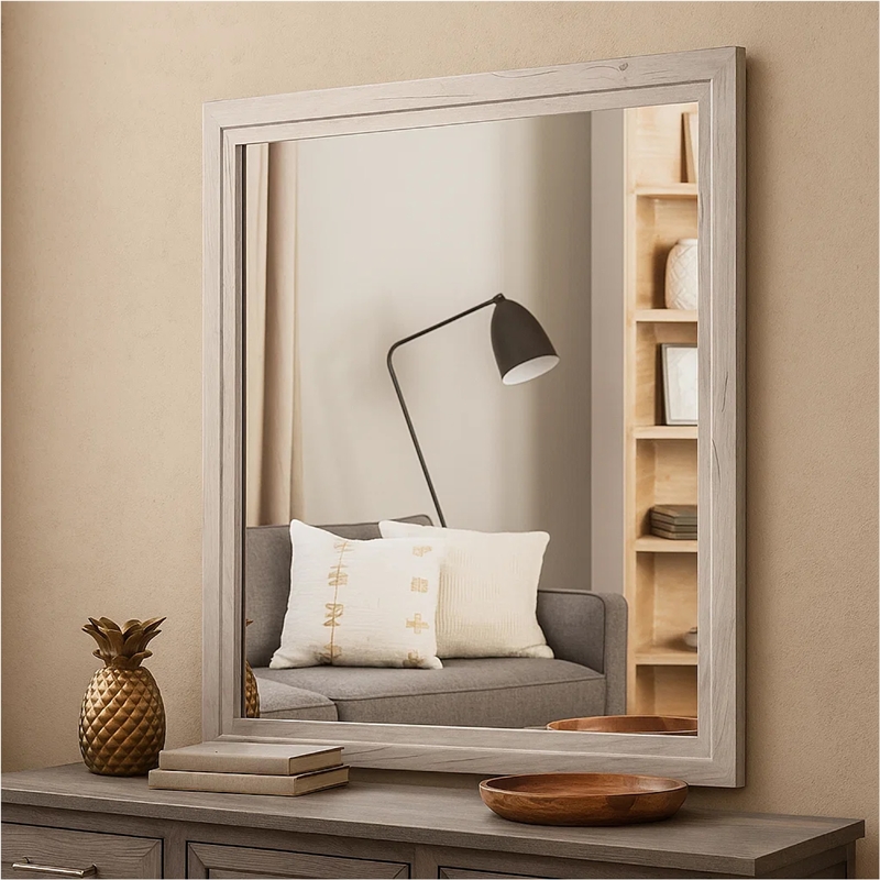 Miot Dresser Mirror-39 Inch Square Wood Frame-White Wash