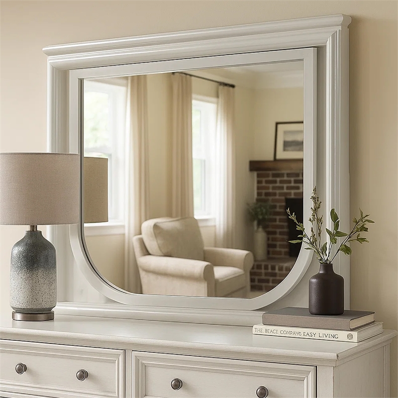 Dima Dresser Mirror-38 Inch-White Rubberwood-Embossed Panels w LED