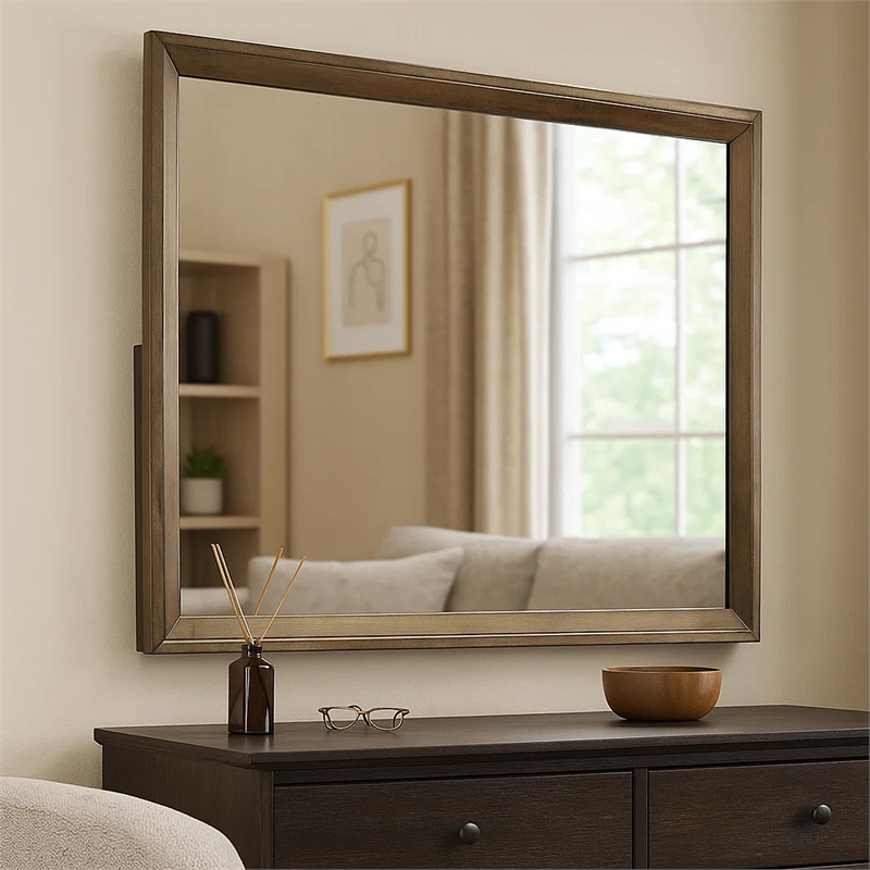 Rouk Dresser Mirror-Walnut Brown Solid Wood-Rectangular 45 Inch Frame
