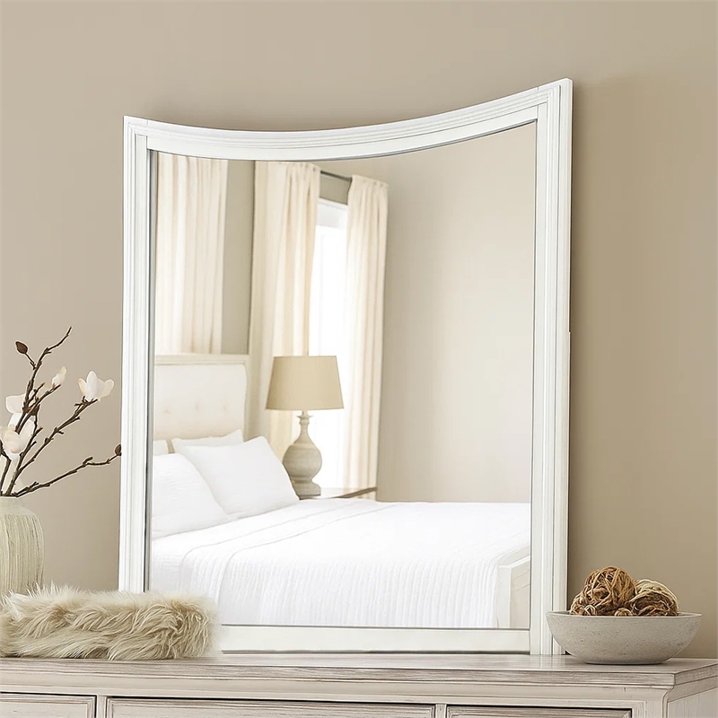 Kiki Dresser Mirror-Curved Crown Molded Details-White Solid Wood