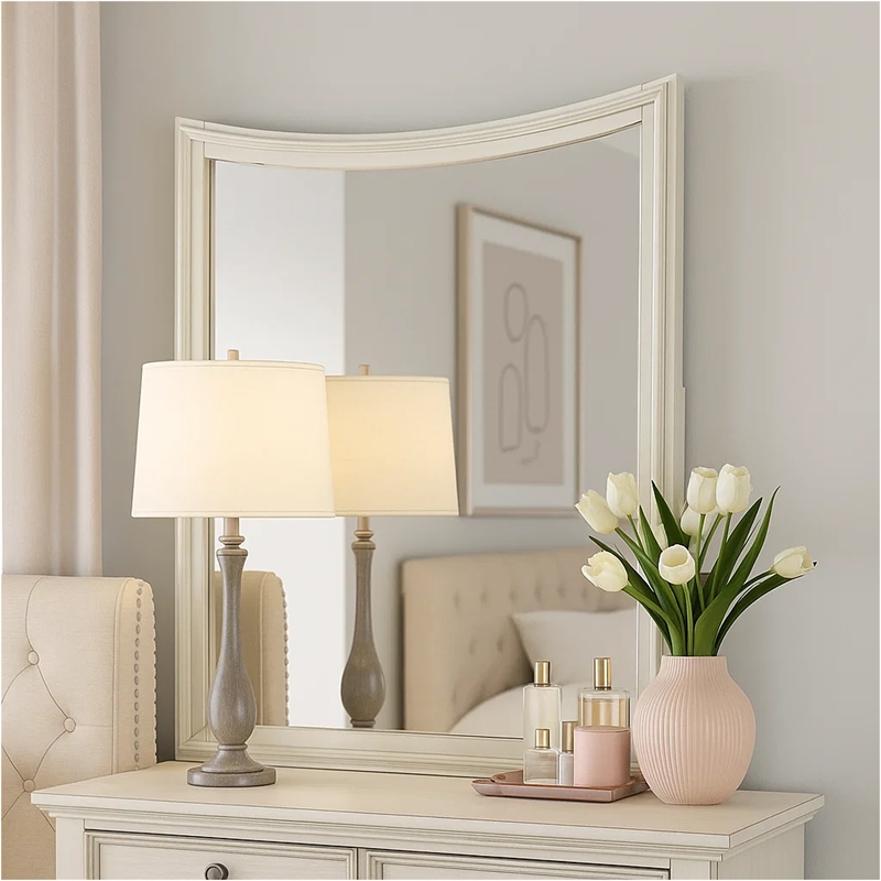 Kiki Dresser Mirror-Curved Crown Molded Details-White Solid Wood