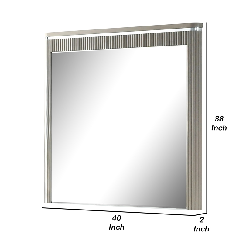 Gema Dresser Mirror-38 Inch Light Gray Wood-Reeded Design-Silver Accents