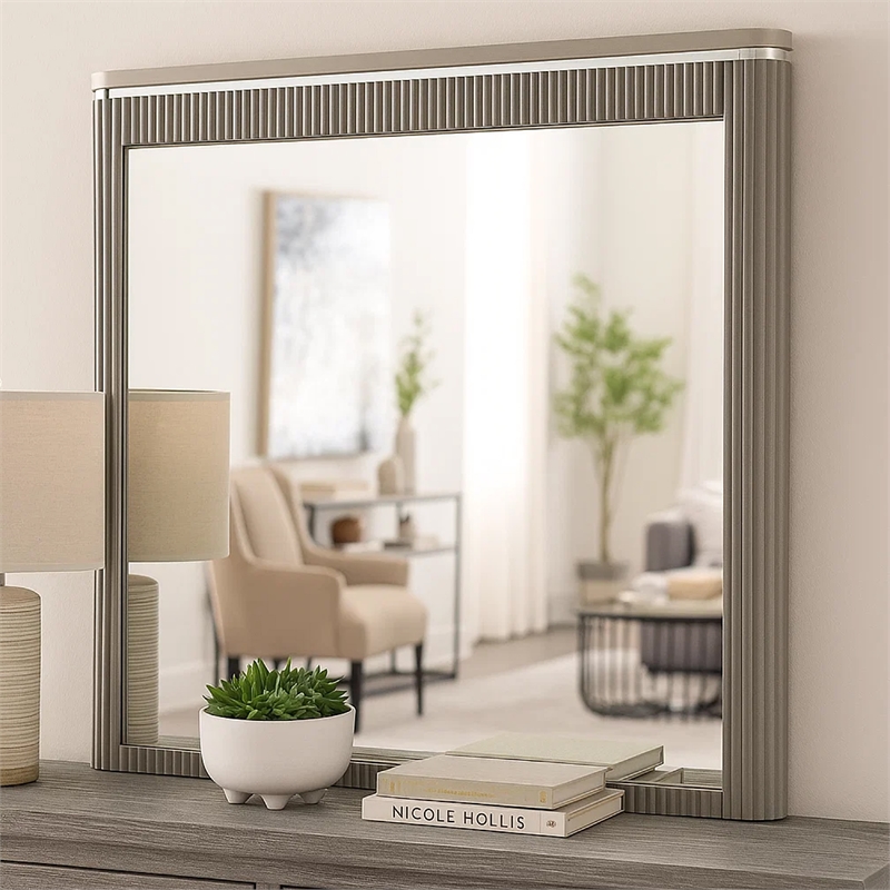 Gema Dresser Mirror-38 Inch Light Gray Wood-Reeded Design-Silver Accents