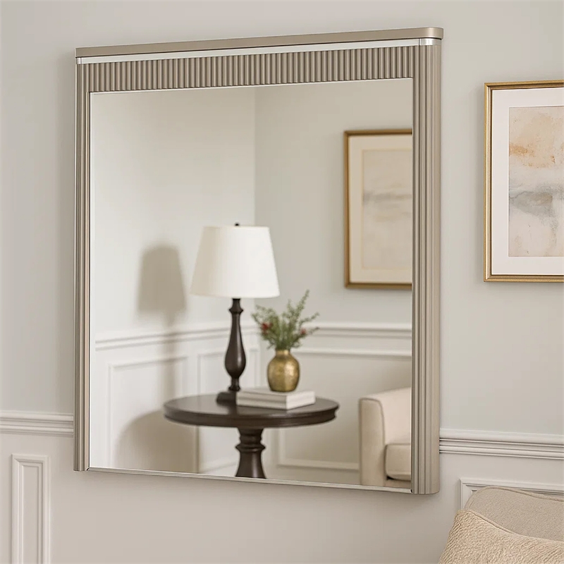 Gema Dresser Mirror-38 Inch Light Gray Wood-Reeded Design-Silver Accents