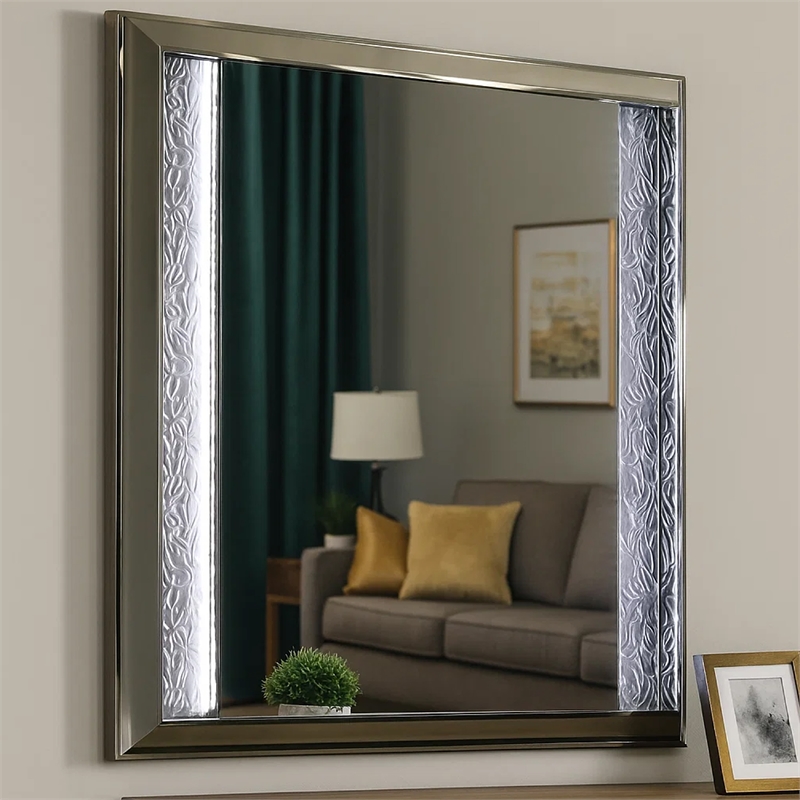 Levi Dresser Mirror-38 Inch-Leaf Pattern Molding w LED-Dark Gray Wood