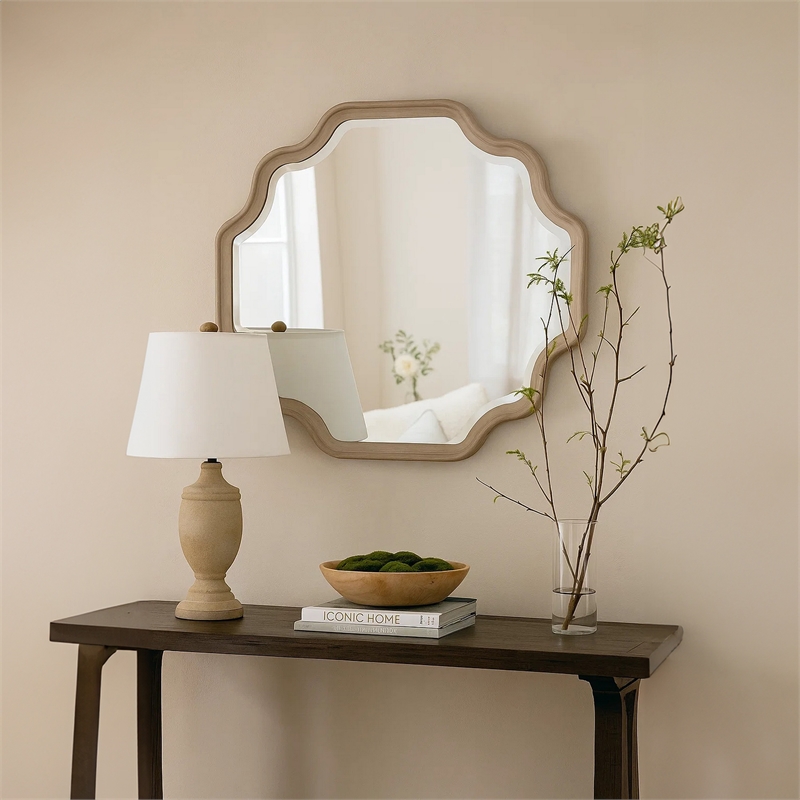 Fea Dresser Mirror-Natural Oak Brown Solid Wood-Scallop Edges-40x47