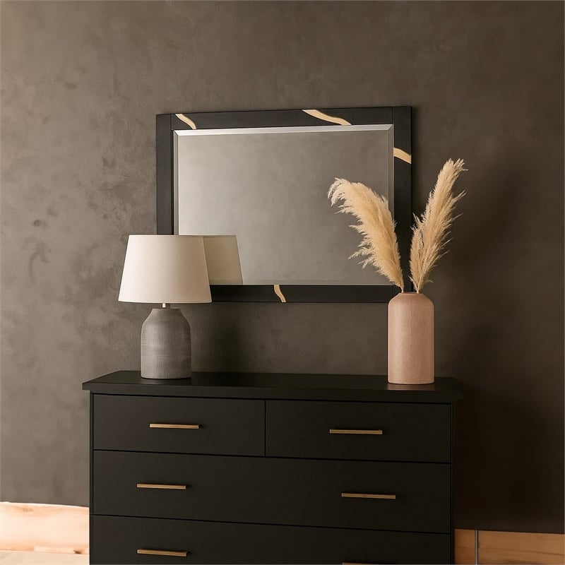 Goldie Dresser Mirror-Beveled Glass-Gold and Black Solid Wood-35x52