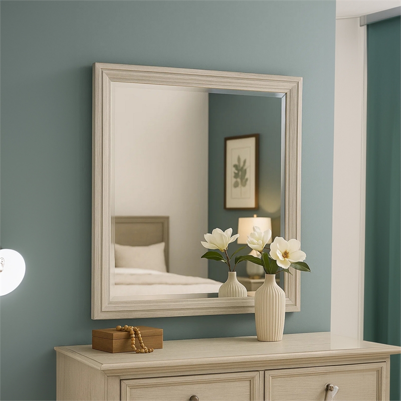 Basil Dresser Mirror-Beveled Glass-38x44 Rustic White Solid Wood Frame