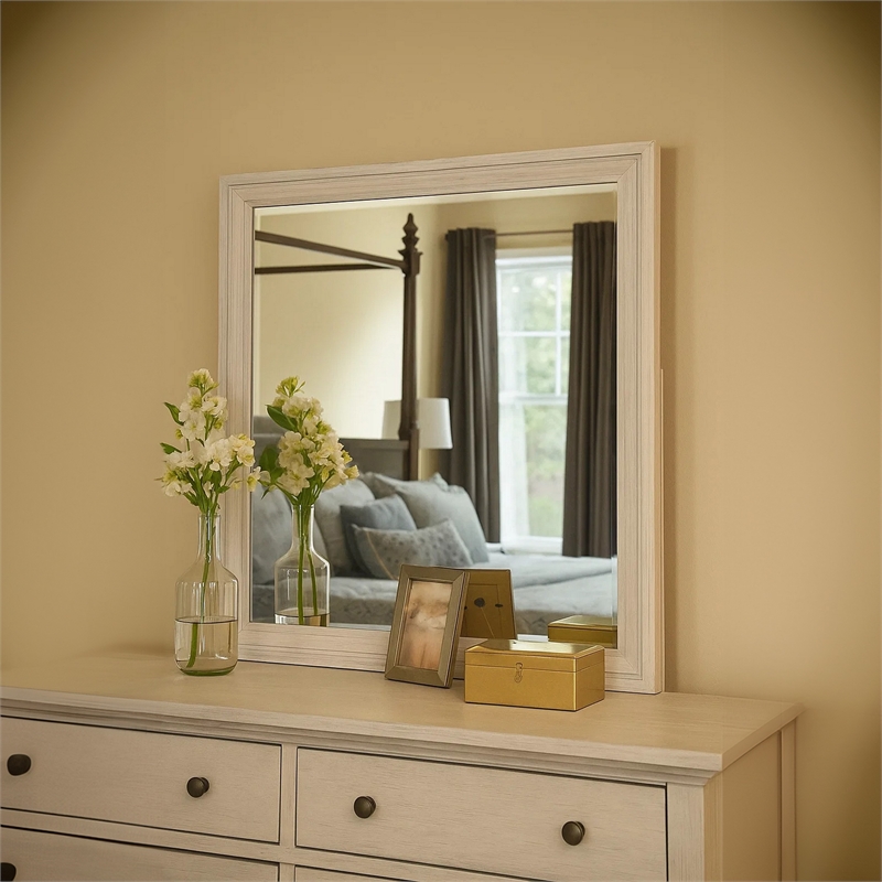 Basil Dresser Mirror-Beveled Glass-38x44 Rustic White Solid Wood Frame