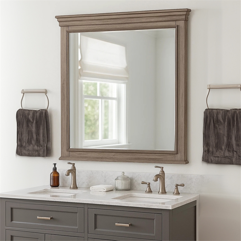 Roi Dresser Mirror-Beveled Glass-Weathered Gray Solid Wood-38x42