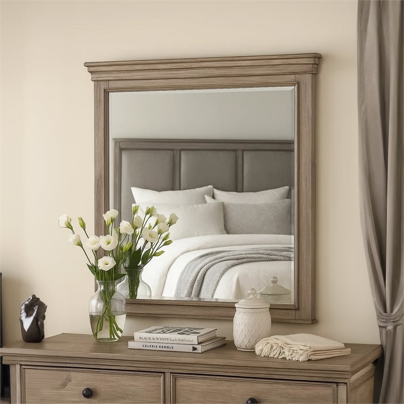 Roi Dresser Mirror-Beveled Glass-Weathered Gray Solid Wood-38x42