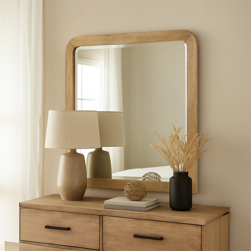 Rexa Dresser Mirror-Beveled Glass-Natural Brown Solid Wood-36x42