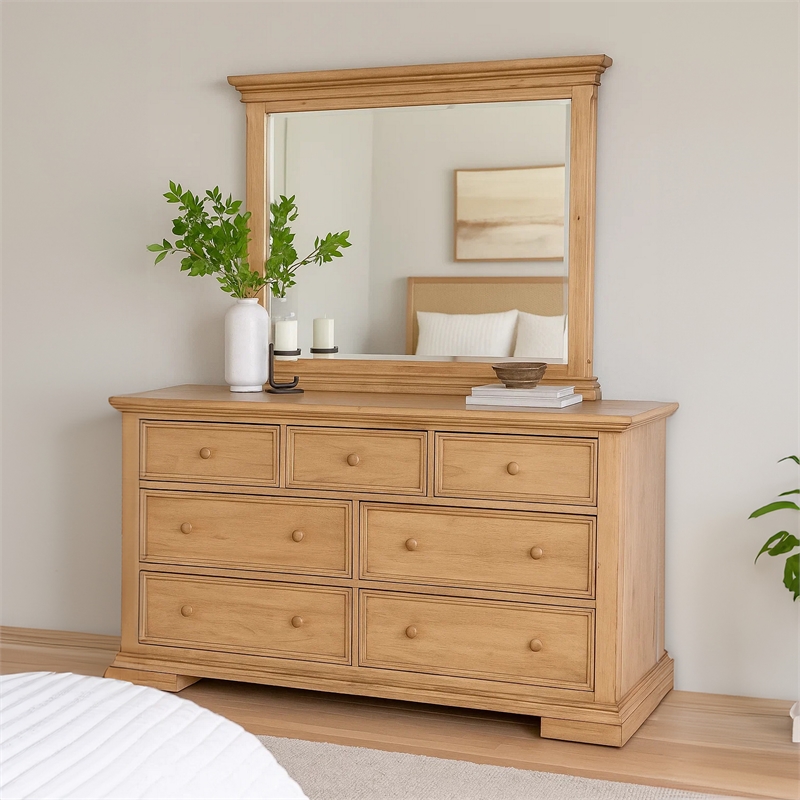 Lexa Dresser Mirror-Bevel Glass-Natural Oak Brown Solid Wood-38x44