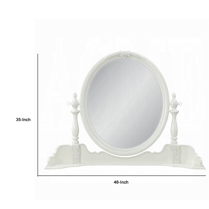 Dorie Vanity Dresser Mirror-35x48-White Wood Floral-Beveled Edge